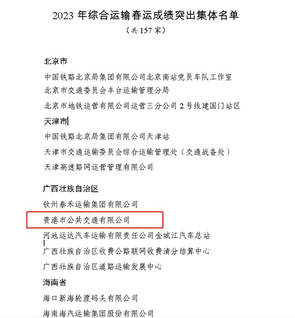貴港交投集團(tuán) 公交公司 綜合運(yùn)輸 春運(yùn)成績 突出集體